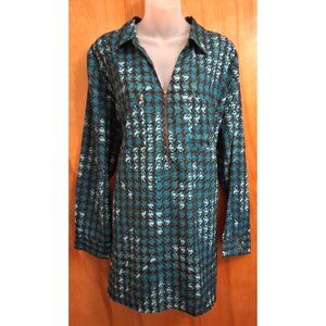 Catherines Tunic Size 1X Pullover 1/2 Zip Blue Green Black Long Sleeve Collared